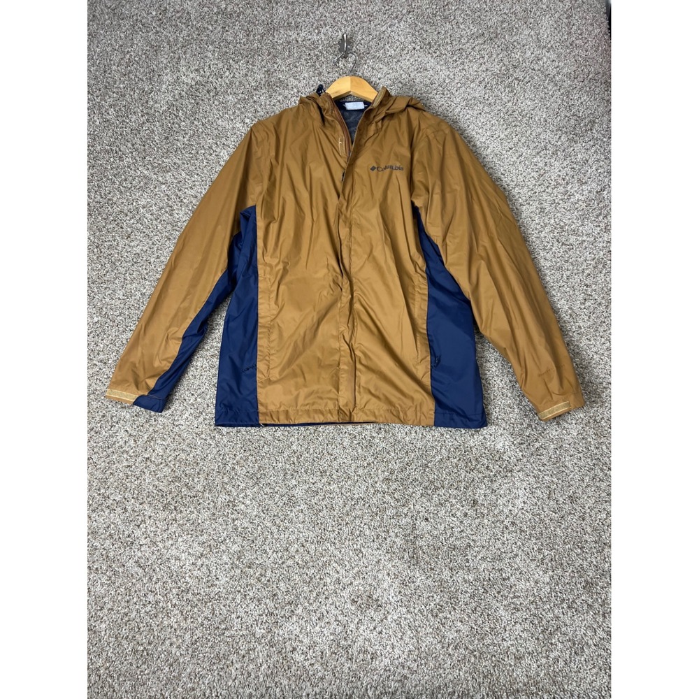 Columbia Mens Hooded Windbreaker Jacket Brown Navy Blue Full Zip Small
